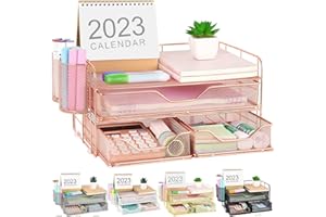 gianotter 3 Tier Desk Drawer Organizer with 2 Pen Holder, Desk Accessories & Workspace Organizers for Home Office Supplies (Rose Gold)