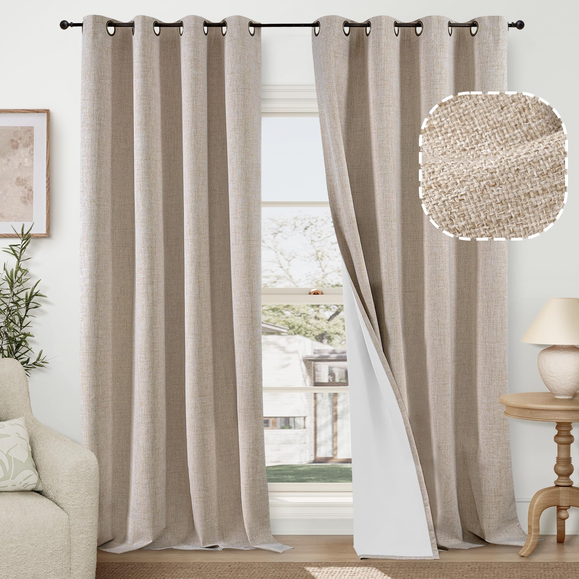 Photo 1 of 60 Inch Wide Linen Blackout Curtains for Living Room/Bedroom 84 Inch Length 2 Panels, Total Black Out Thermal Insulated Soundproof Grommet Boho Window Drapes White Liner for Modern Farmhouse, Beige