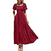 PRETTYGARDEN Womens Summer Puff Short Sleeve Maxi Dress Square Neck Smocked Tiered Ruffle A Line Long Flowy Beach Dresses