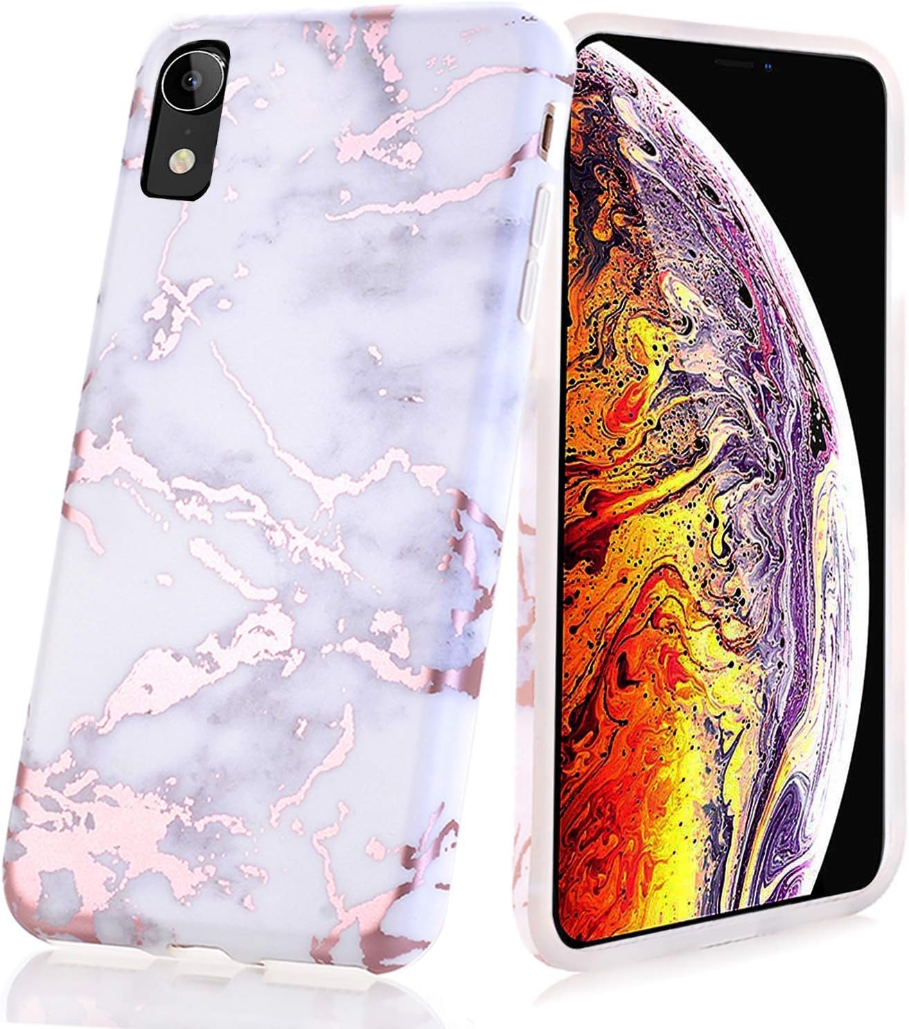 DOUJIAZ iPhone XR Case,Shiny Metallic Marble Design Clear Bumper TPU Soft Case Rubber Silicone Skin Cover for iPhone XR (2018)-Rose Gold