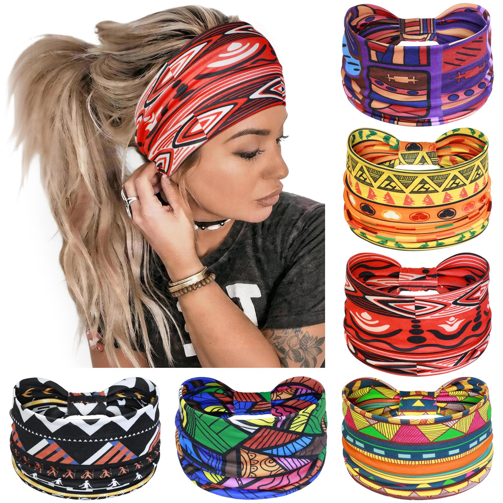 PROPOG Wide Headbands for Women's Hair, Head Bands Adult Women African Hair Band Elastic Bandanas Boho Hair Accessories for Women 6 Pieces