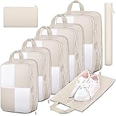 8 Set Compression Packing Cubes for Travel, Expandable Waterproof Travel Organizer, Lightweight Luggage Organizer with Shoes & Laundry Bags, Travel Accessories for Men Women, Beige