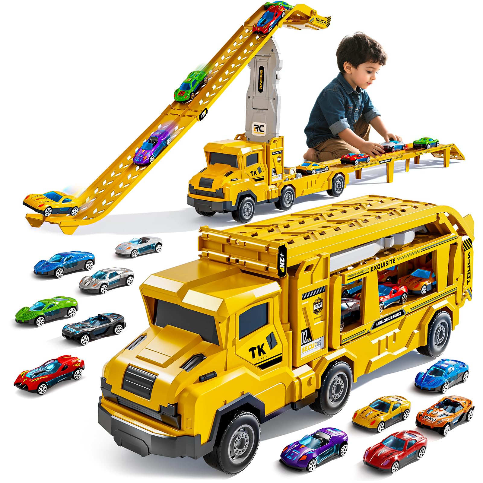 Truck Toys for Kids, Double Race Car Track Transport Vehicle with 12 Die-Cast Car Toys, Cars Ramp Toy for Toddler 3-5, Christmas Birthday Gift for 3 4 5 6 7 8 Years Old Boys Girls — image 1