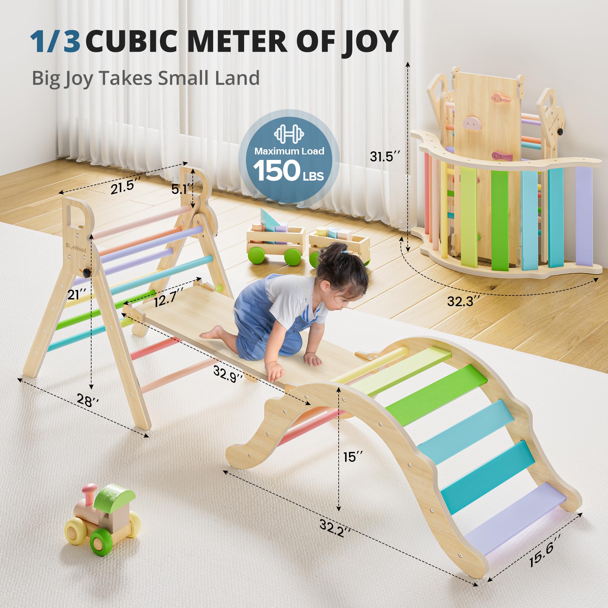 BlueWood Pikler Triangle Set, Toddler Wooden Climbing Toys Indoor 7in1 Foldable Climber for Kids, Montessori Philosophy Play Jungle Gym with Arch, Ramp, Ladder (Colorful Spring)