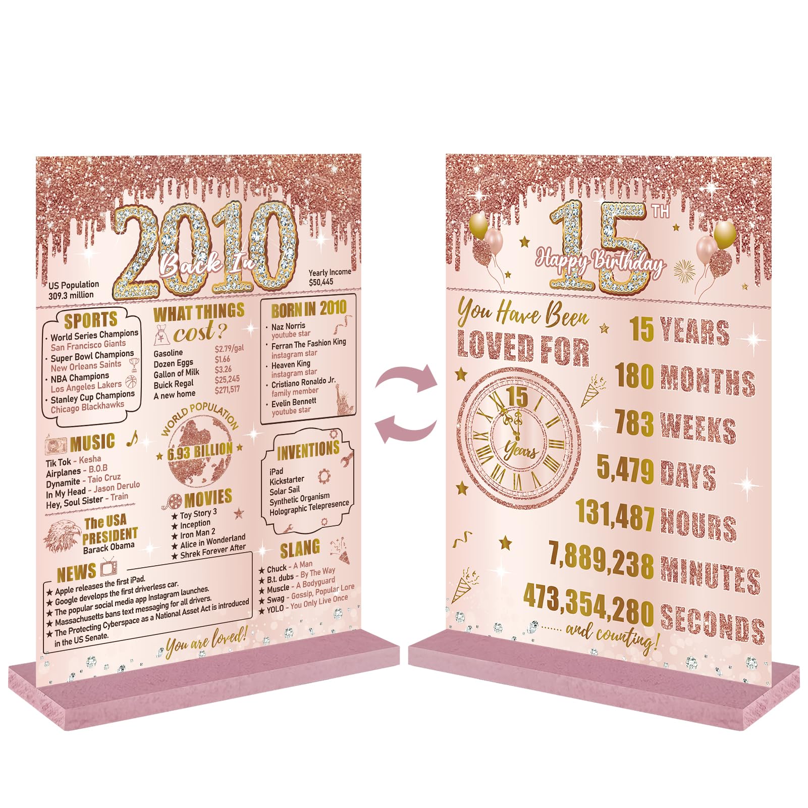 Photo 1 of Bumqviy 15th Birthday Decorations Back in 2010 Table Sign for Girls Women, Pink Rose Gold Happy 15th Birthday Two-Sided Wooden Poster with Stand, 15 Year Old Birthday Gift Party Supplies