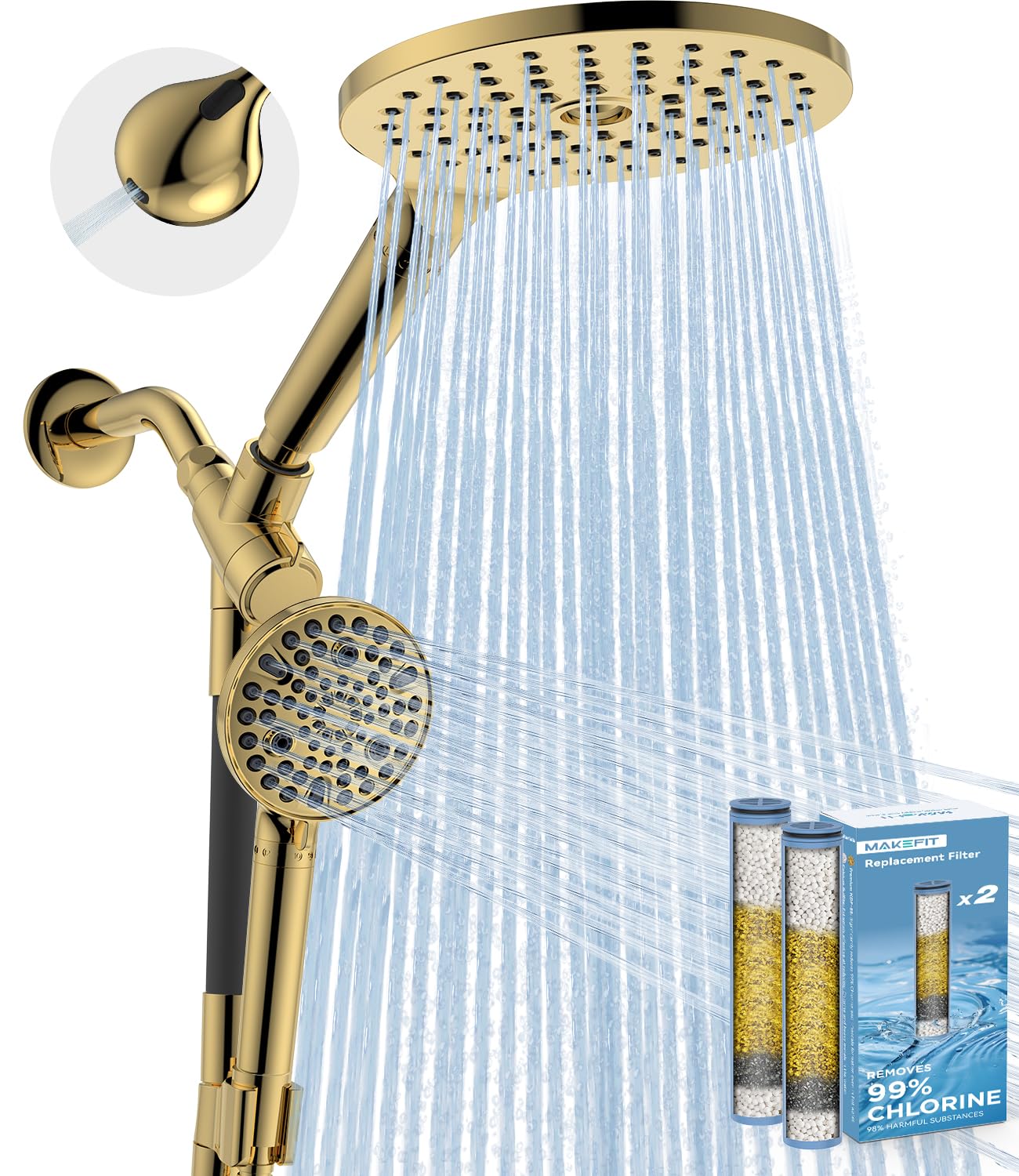 Photo 1 of MakeFit Dual Filtered Rain Shower Head Combo, High Pressure Handheld Shower Head with Adjustable Bar - Rainfall Shower Head And Showerhead with Filter for Hard Water - Removes Chlorine(Gold)