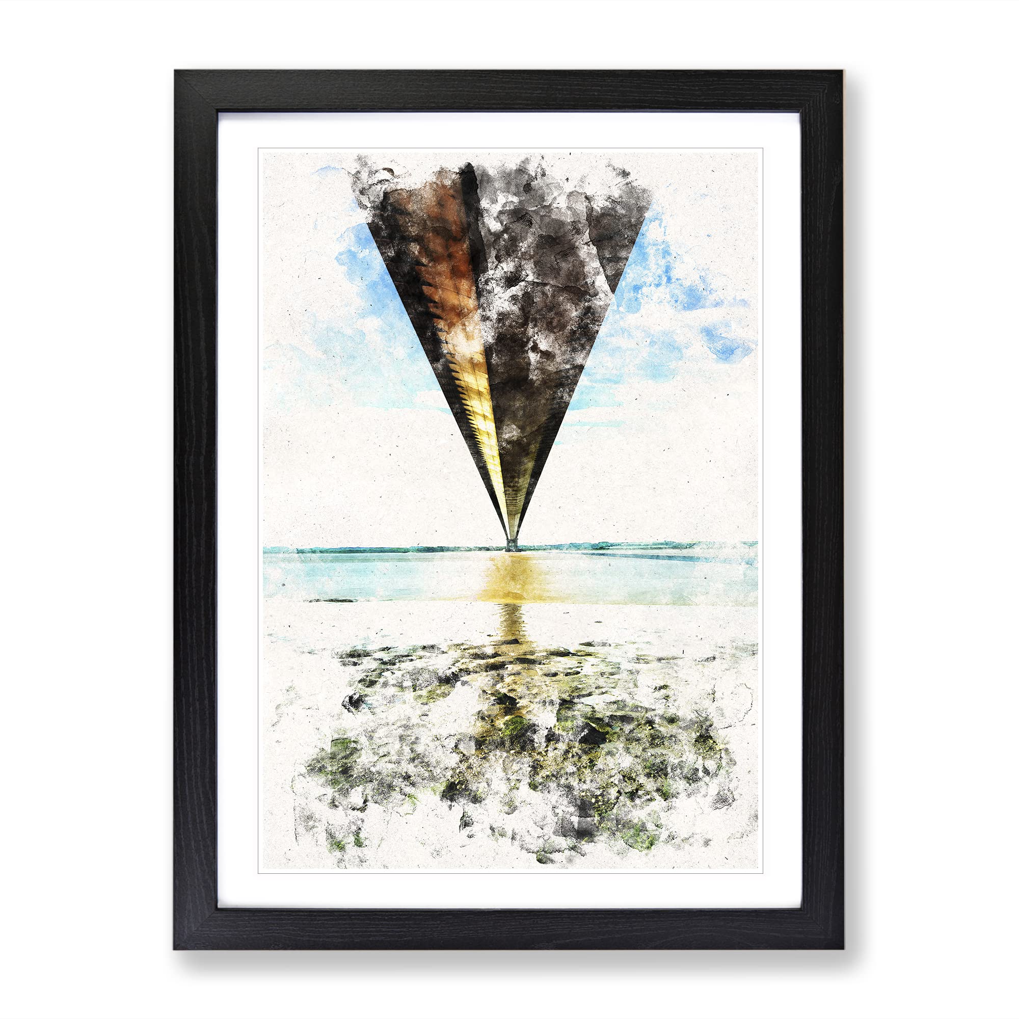 Humber Bridge Watercolour Modern Framed Wall Art Print, Ready to Hang Picture for Living Room Bedroom Home Office Décor, Black A4 (34 x 25 cm)