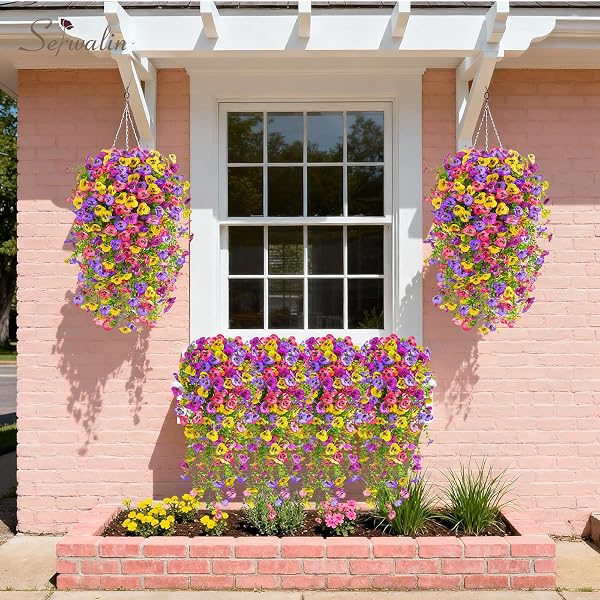 SERWALIN ARTIFICIAL FAKE HANGING FLOWERS FOR OUTDOORS PLANTERS,6PCS UV RESISTANT FAUX PANSY SPRING FLOWERS FOR OUTSIDE PORCH PATIO GARDEN WINDOW BOX (MIXED COLORS)