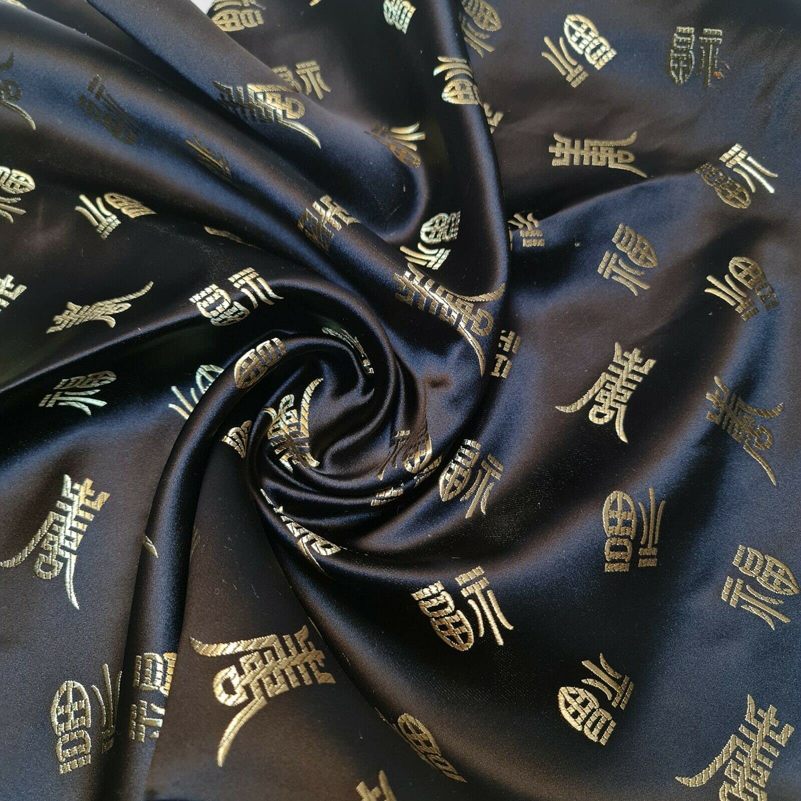 Oriental Mandarin Text Print Traditional Chinese Embroidered Brocade/Poly Silk Satin Premium Quality Dress Craft Fabric Material 44" - 112cm Wide Sold As 1 Meter Pre - Cut Lengths (Black)