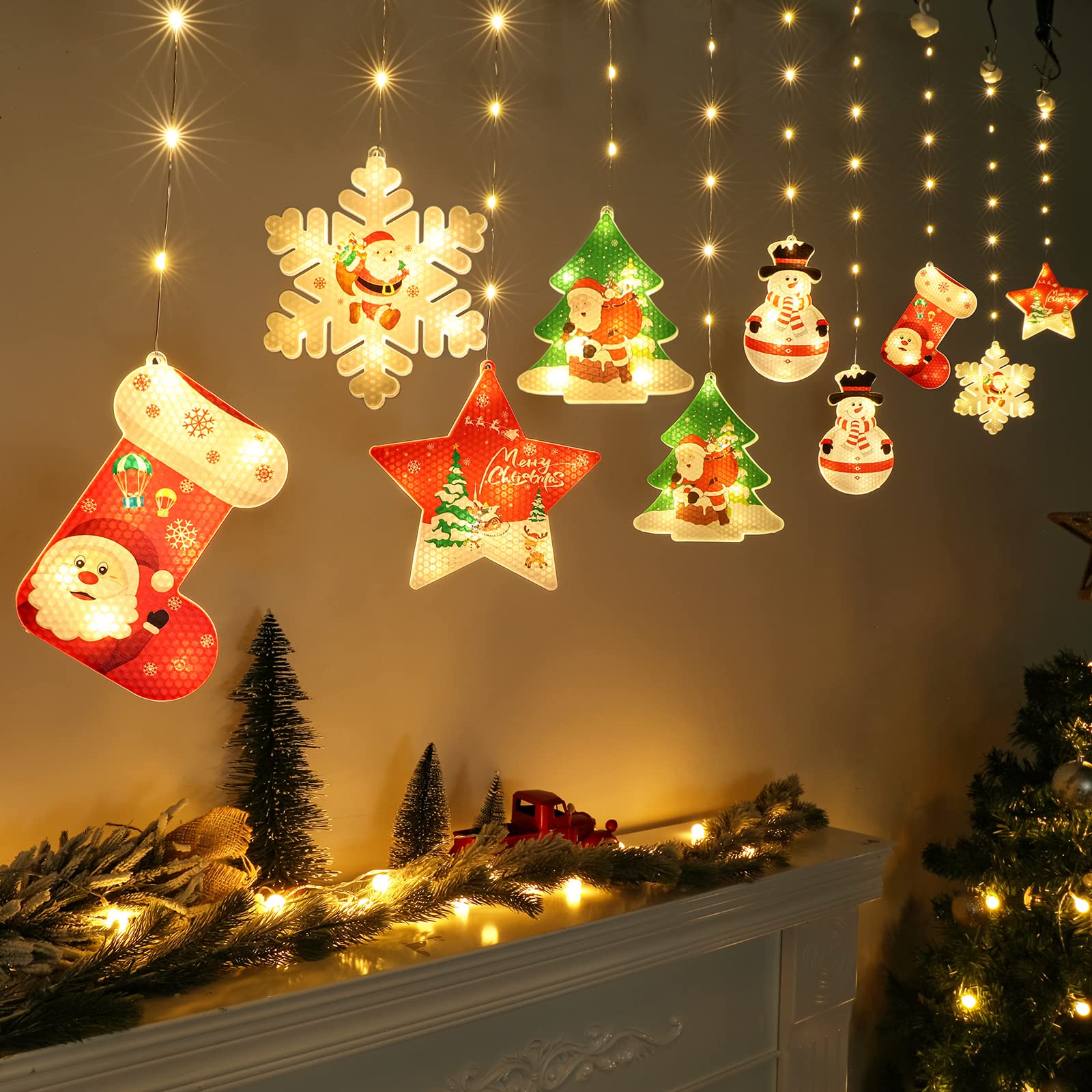 BLOOMWIN Christmas Curtain Lights 3m x 0.65m USB Window Lights Christmas Decor LED Fairy Lights String for Bedroom Indoor Hanging Lights Star Snowflake Snowman Xmas Tree Stockings Home Decorations โ image 1