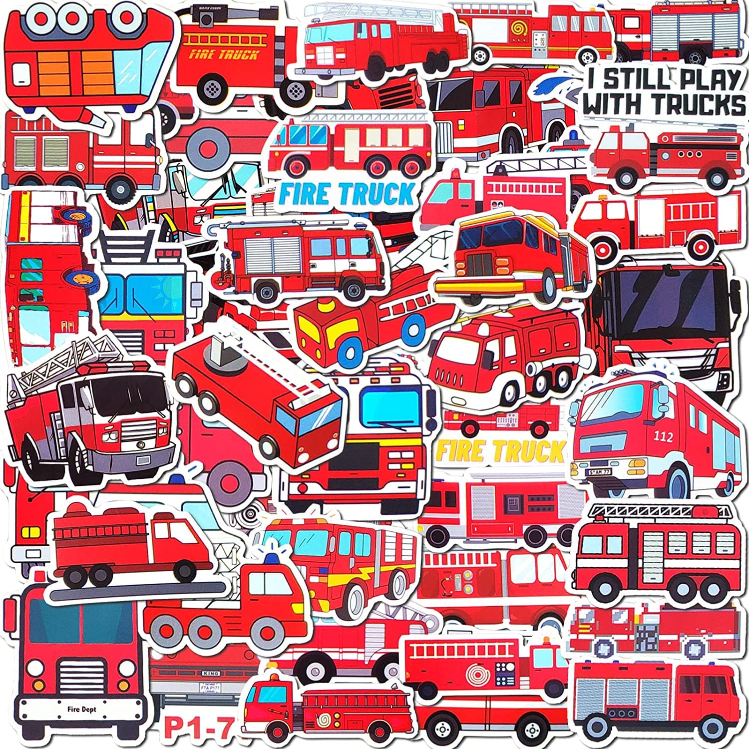 Pack of 50 Fire Engine Stickers for Children, Teenagers, Cute Cartoon Stickers for Water Bottles, Bicycle, Laptop, Waterproof Vinyl Decals for Fire Vehicles, Theme Party Decoration — image 1