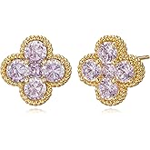 TONTMY STUDIOS Gold Stud Earrings for Women Trendy 14K Gold Plated Dainty Small Red Flower Cubic Zriconia Clover Studs Birthstone Earrings Jewelry for Women Birthday Gifts