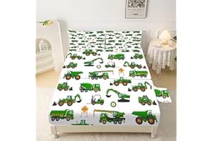 EDGZKO Sheet Set Green Tractor: Twin Size Cartoon Excavator Truck Bed Sheets for Boys Kids Toddler Deep Pocket Construction Vehicle 3PC Bedding Set 1 Fitted Sheet & 1 Flat Sheet & 1 Pillowcase
