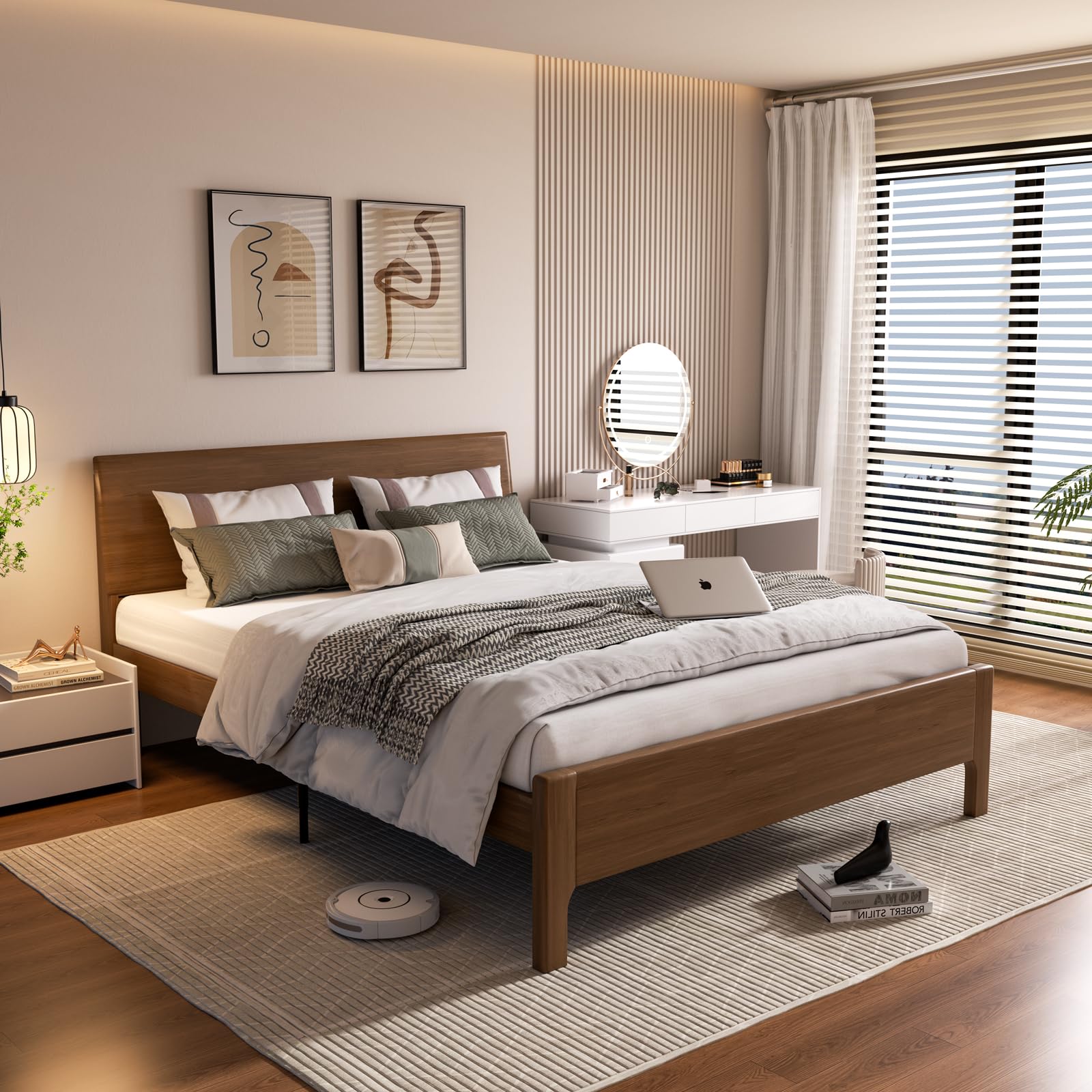 Photo 1 of VOVUVK Full Solid Wood Bed Frame with Headboard, Mid Century Modern Wooden Platform Bed, Wooden Bed Slats, No Box Spring Needed, Noise Free Easy Assembly (Walnut)