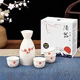 DUJUST 5 pcs Japanese Sake Set, Traditional Sakura Design Sake Serving Set, 1 Sake Bottle with 4 Sake Cups, Japanese Style Sake Set for Home/Party, Ideal Japanese Gifts for Sake Lovers - White