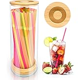 Straws Holder Dispenser for Counter, 10-Inch Drinking Straw Dispenser,Acrylic Straw Organizer with Bamboo Lid,Includes 100 Straws,Transparent Straw Storage Container for Kitchen,Pencils and Silverware