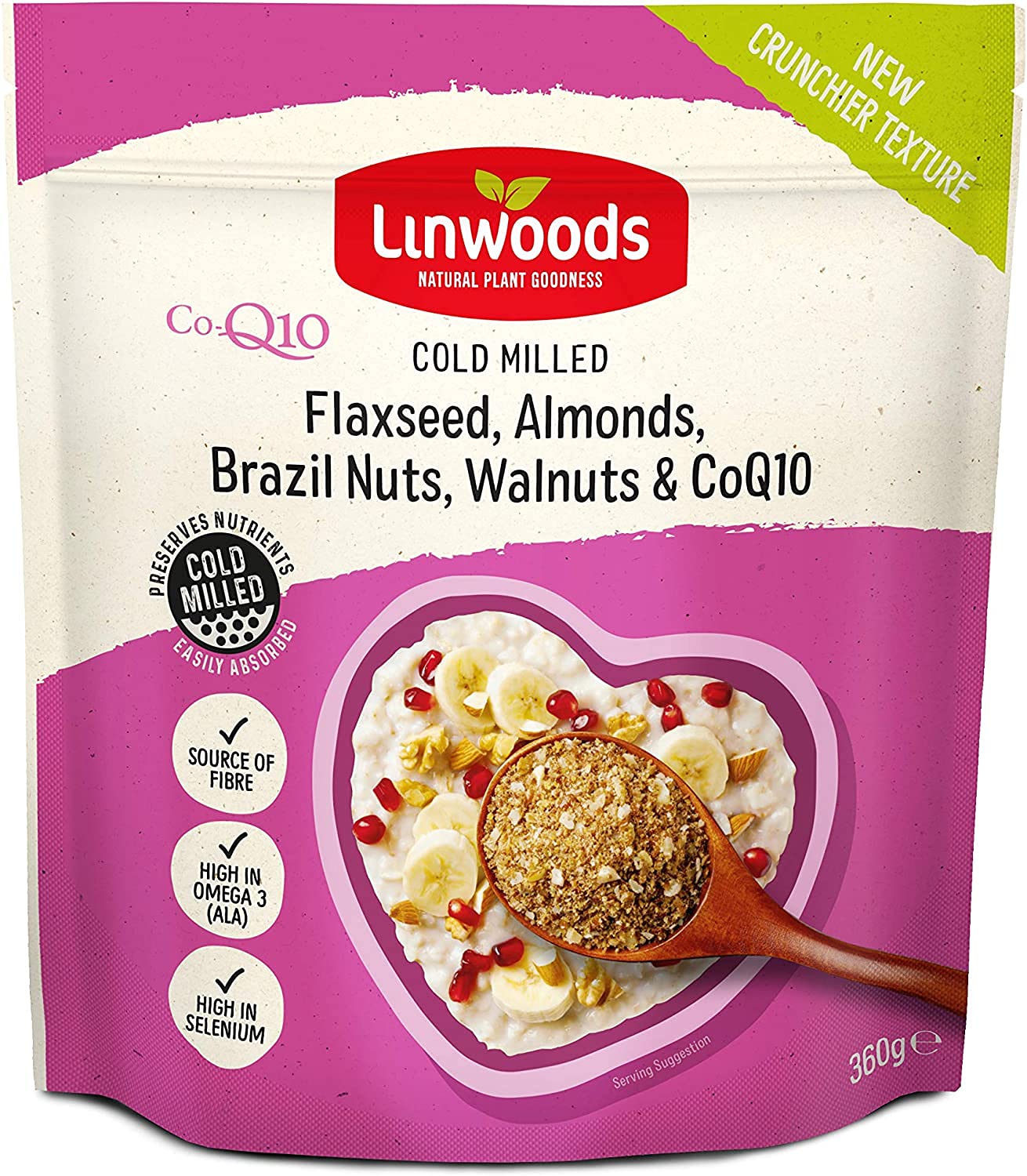 Linwoods Milled Flaxseed, Almonds, Brazil Nuts, Walnuts and Co-q10 360g (Pack of 4)