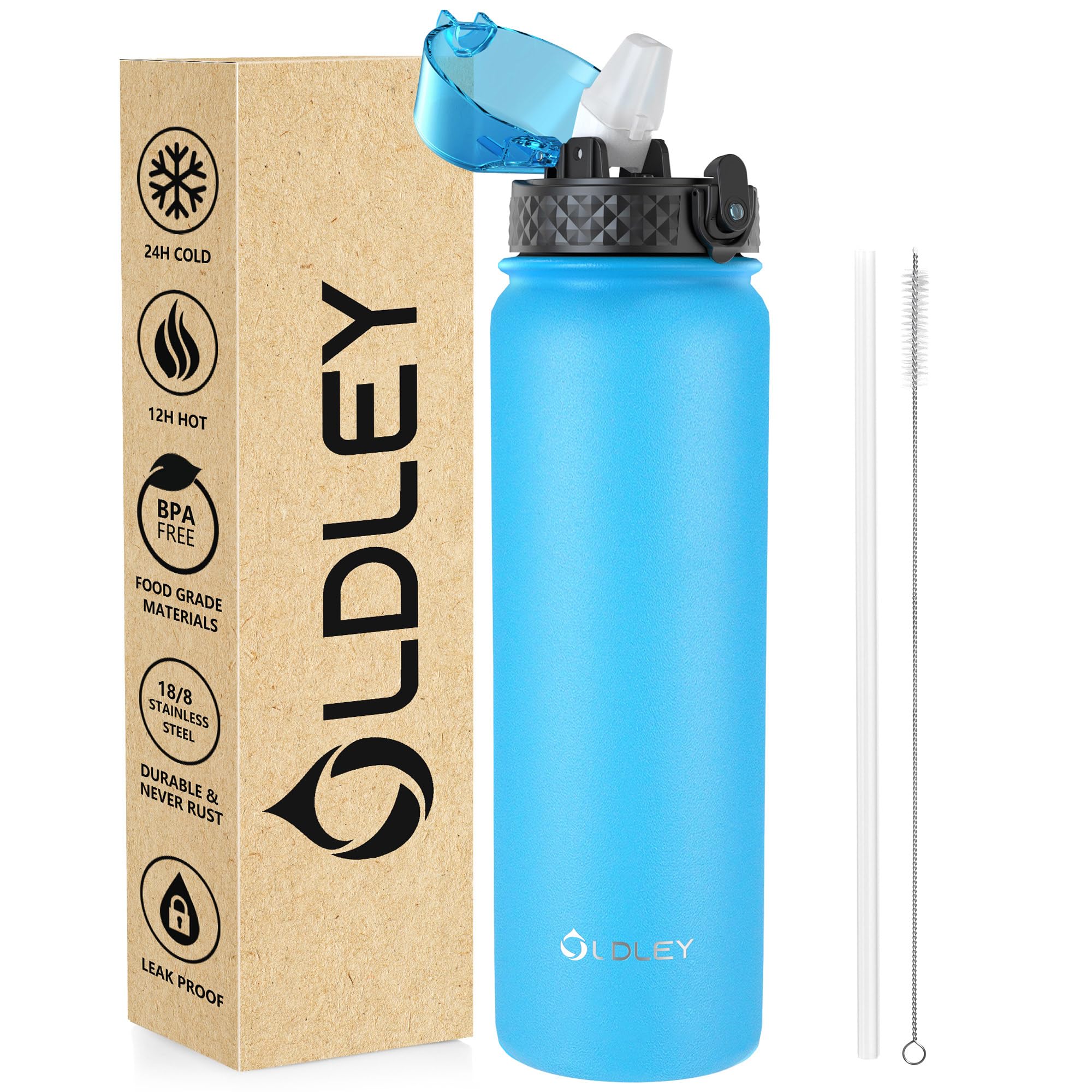 OLDLEY Stainless Steel Water Bottle with Straw 1L Vaccum Insulated Large Drink Flask Metal Water Bottles 1 Litre Leakproof Keep Drinks Hot Cold for Sports Gym Camping Adult Women Men(Sky Blue, 1 Lid) — image 1