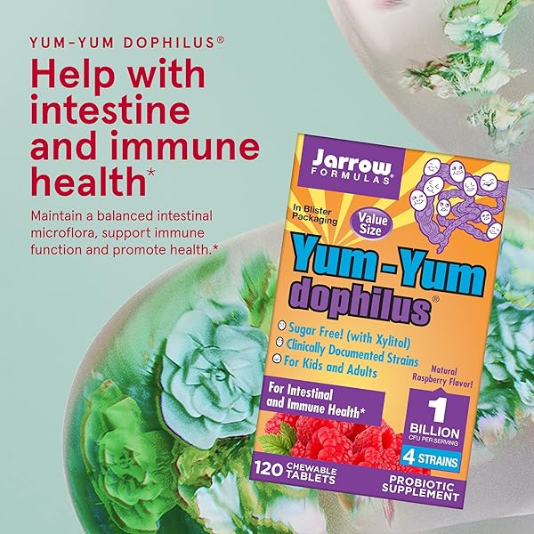 JARROW FORMULAS YUM-YUM DOPHILUS, NATURAL RASPBERRY PROBIOTIC SUPPLEMENT – 1 BILLION ORGANISMS PER SERVING – 120 CHEWABLE TABLETS – INTESTINAL & IMMUNE HEALTH – FOR KIDS & ADULTS (PACKAGING MAY VARY) (PACK OF 1)