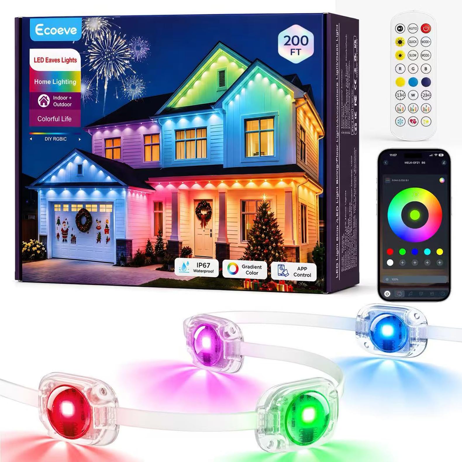 Ecoeve Permanent Outdoor Lights for House, 200ft RGB+IC Christmas LED Light | App & Remote Control with Guest Mode, 16 Millio