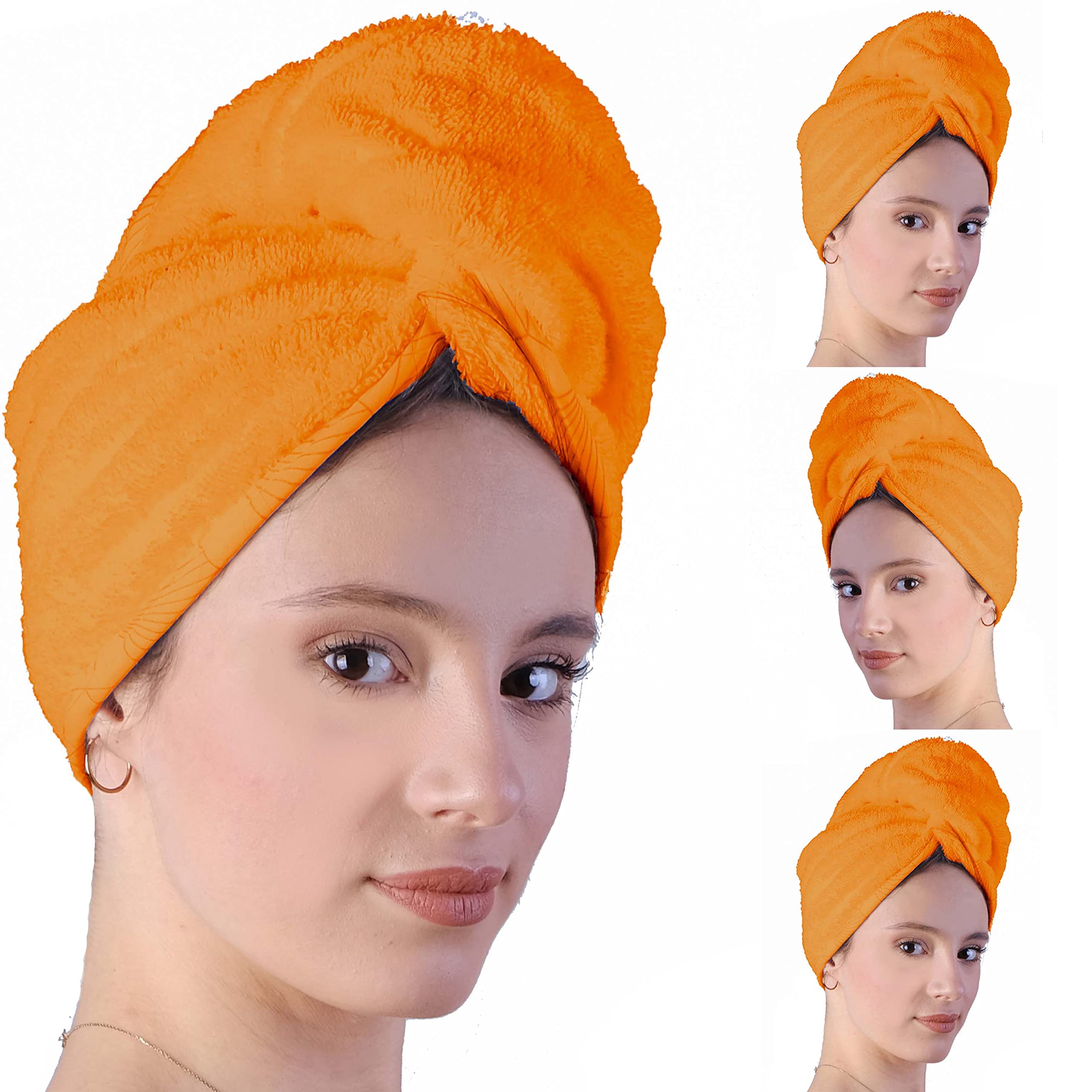 LLAMAXY Hair Towel 100% Pure Organic Cotton Hair Drying Towels Adult Child Hair Wraps Hair Turban - Towel Wrap Hair Drying Towel - Quick Twist Rapid Dry Towel - Cap - 3 pack of Orange