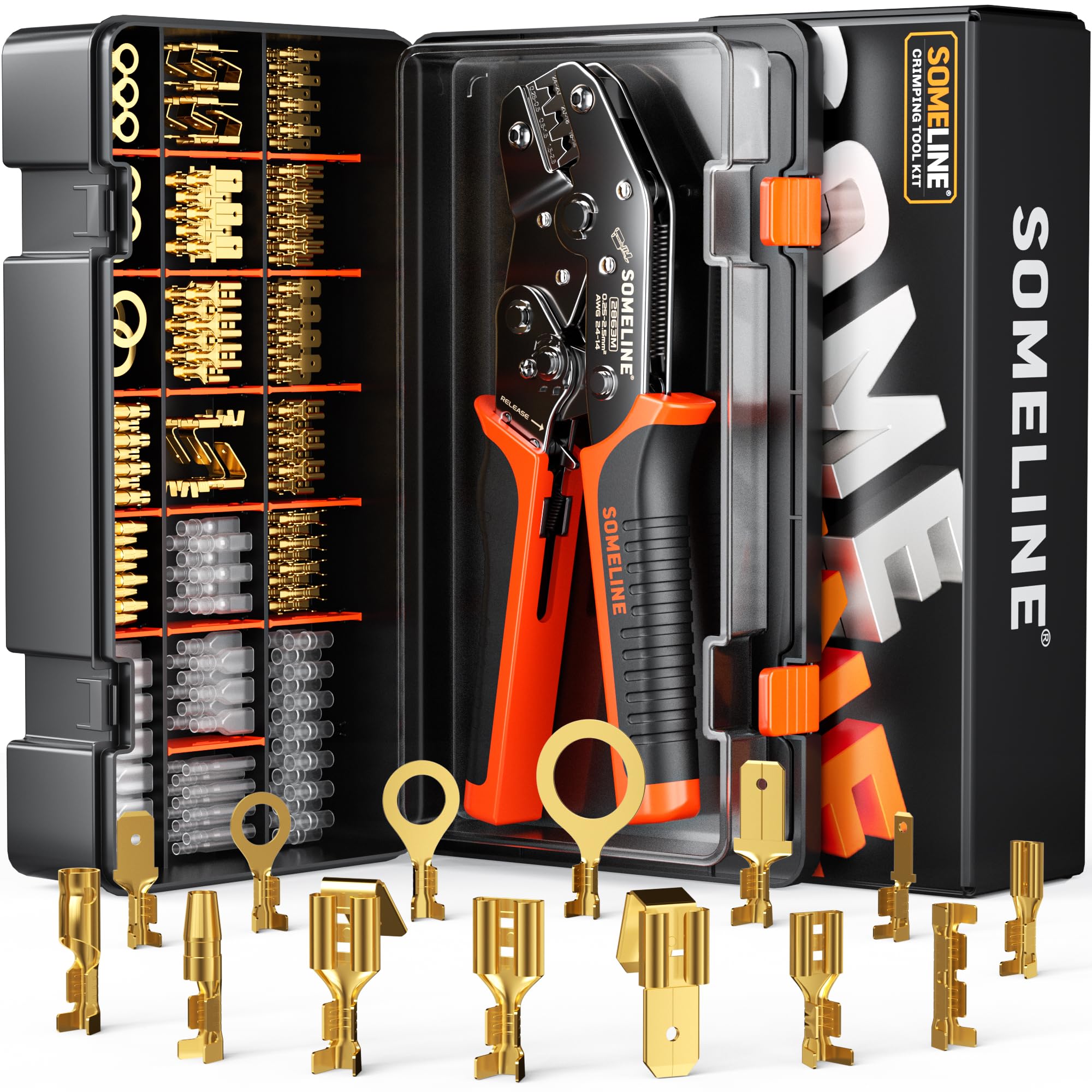 SOMELINE Spade Connectors Crimping Tool Set, with 14 Types Crimp Connectors and 0.25–2.5 mm² (AWG 24–14) Crimping Pliers – Non-Insulated Spade Terminals Electrical Connectors Kit