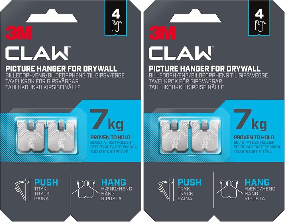 3M Claw Plasterboard Picture Hanger 7 kg Heavyweight Pack of 2 4 Hangers