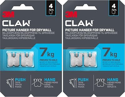 3M Claw Plasterboard Picture Hanger 7 kg Heavyweight Pack of 2 4 Hangers