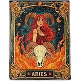 ainori Aries Zodiac Fleece Blanket - Lightweight Soft Cozy Gifts Throw for Zodiac Lovers,Women,Men,Red-Haired Warrior Ram's Skull Tarot Blankets,Home Room Modern Artistic Bold Decor 50x60in