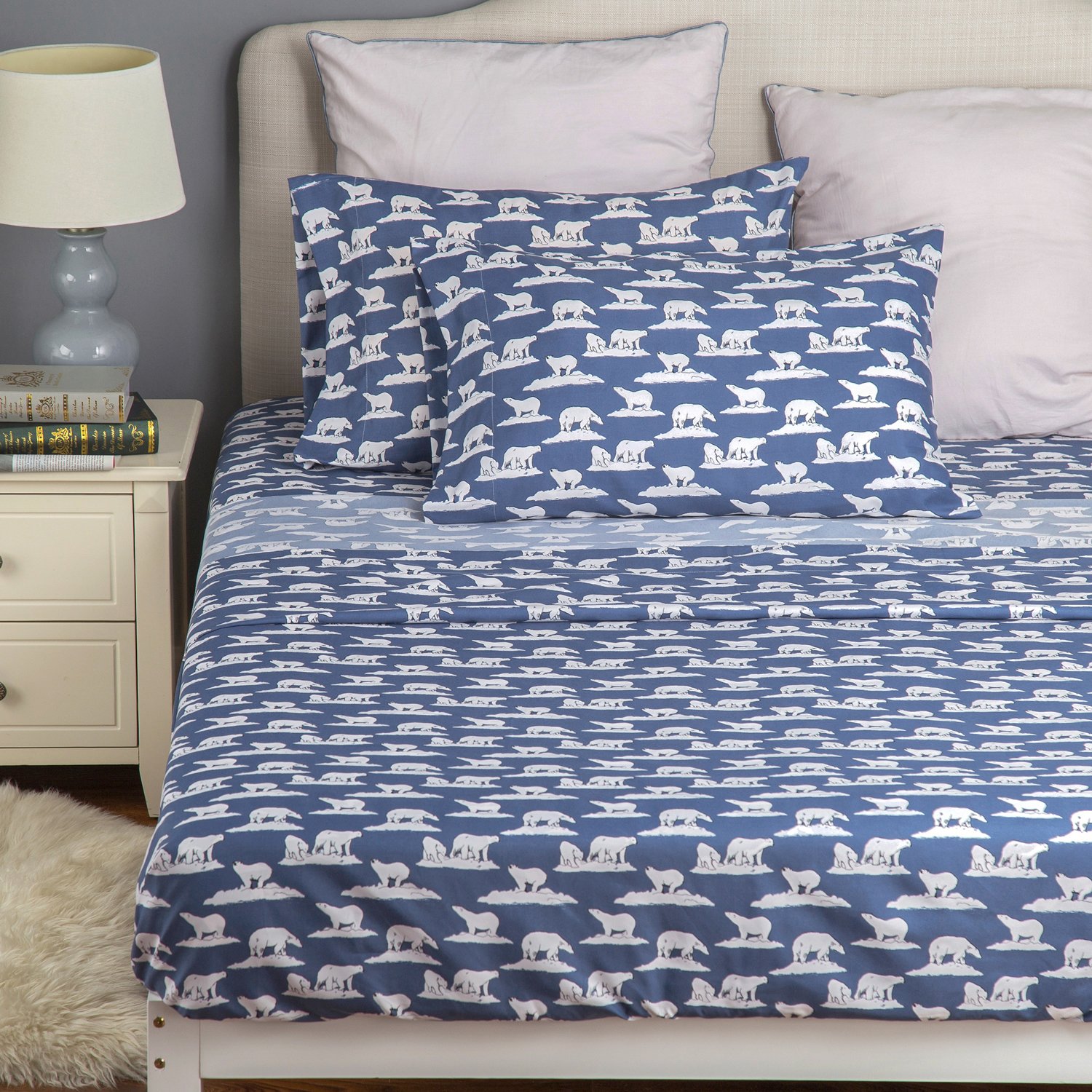 Sheet Set Twin Size Navy Printed Polar Bears Design Bedding Sets with Deep Pocket 3 Piece Soft Smooth Wrinkle&Fade Resistant Hypoallergenic Microfiber Bed Sheets by Bedsure