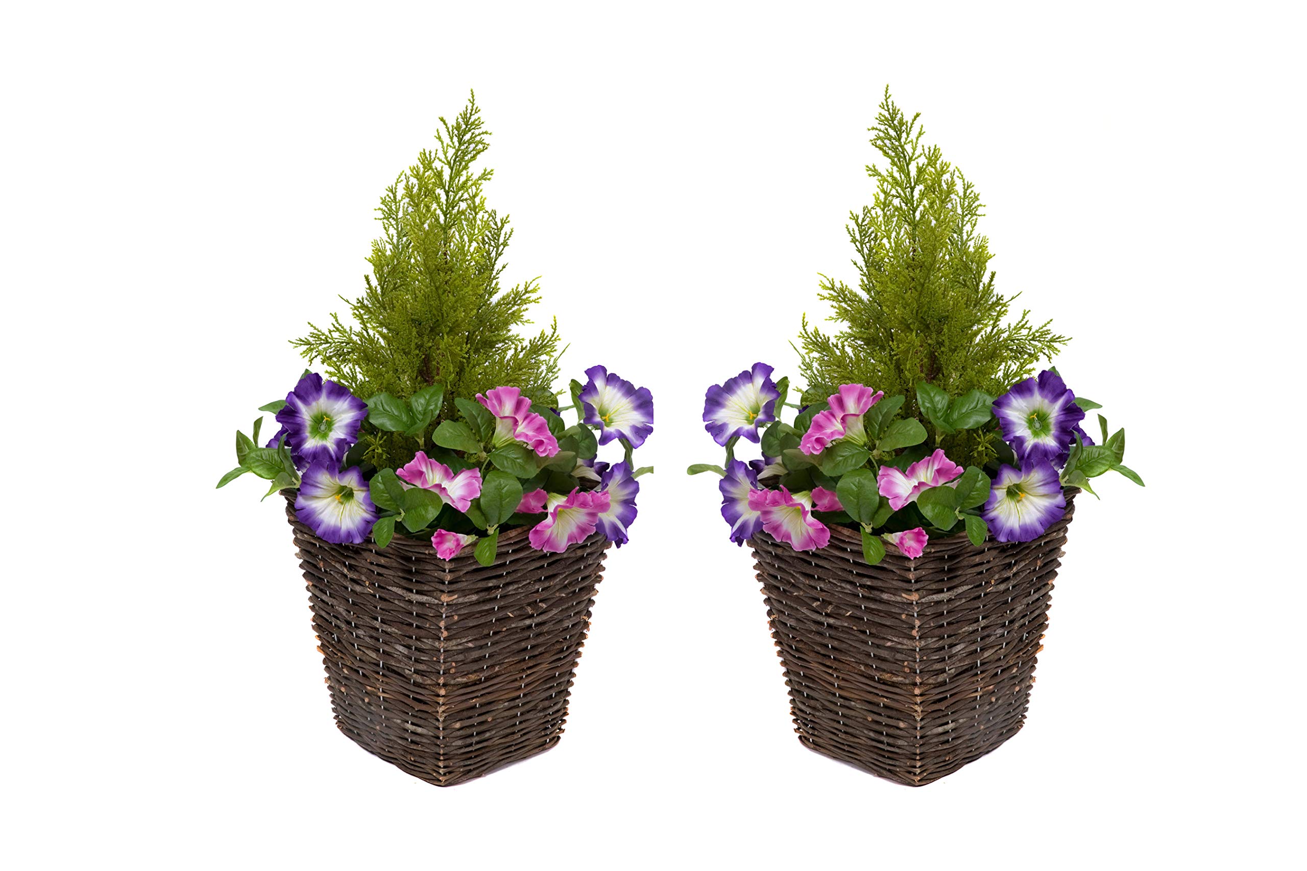 GreenBrokers Artificial Rattan Patio Planters with Pink & Purple Petunias & Cedar Topiary (Set of 2)