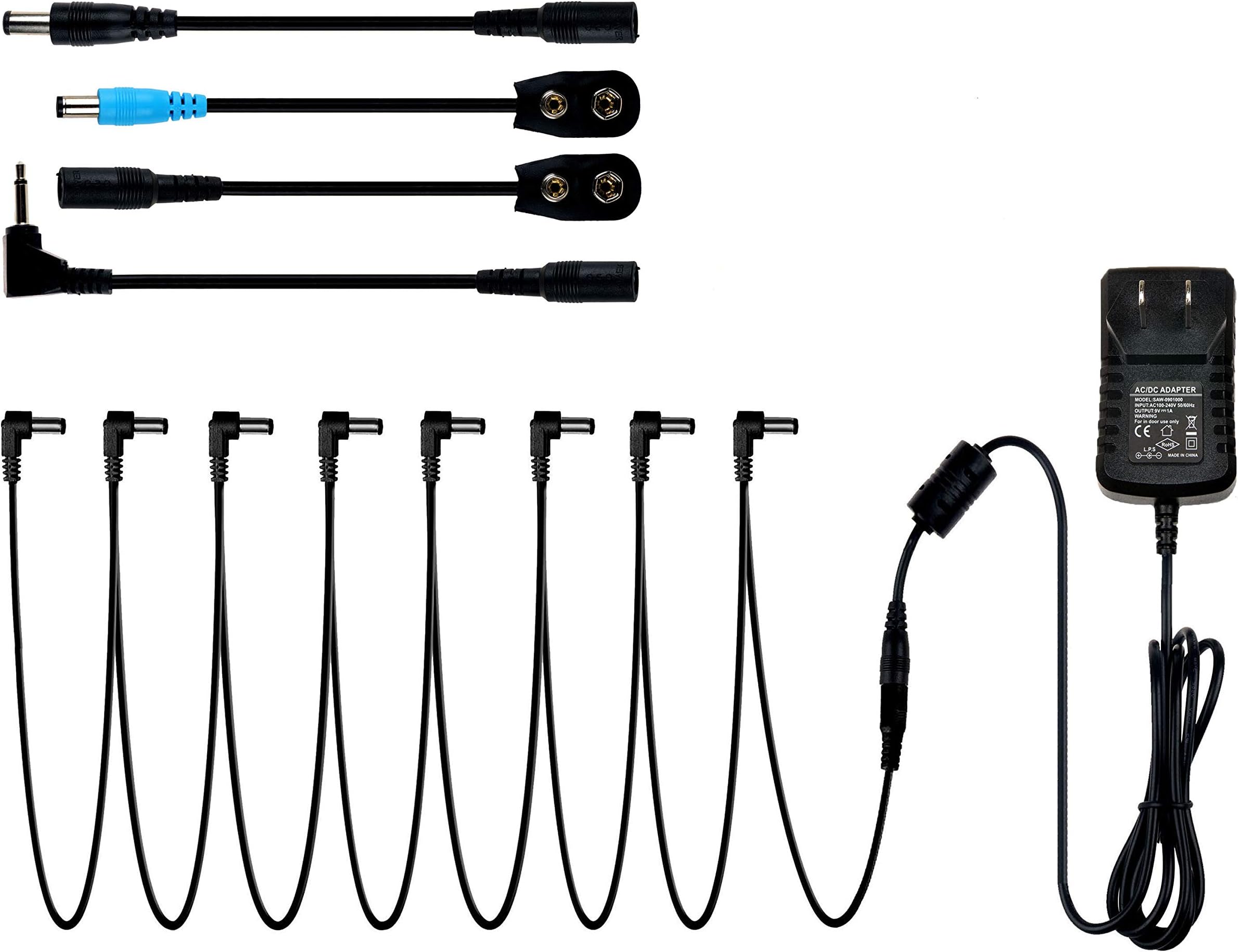AZOR Guitar Pedal Power Supply Adapter with 8 Way Chain Cable Use for Pedal Output to 9V DC 1A Negative Tip Guitar Effect Pedal