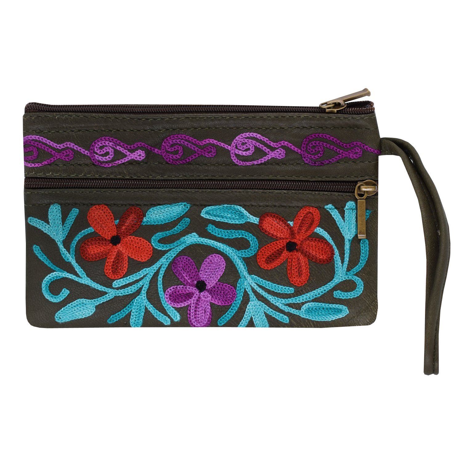 bagaholics handmade kashmiri crewel embroidery pure leather wristlet pouch multipurpose pouch handbag hand clutch purse gift for ladies/girls/women