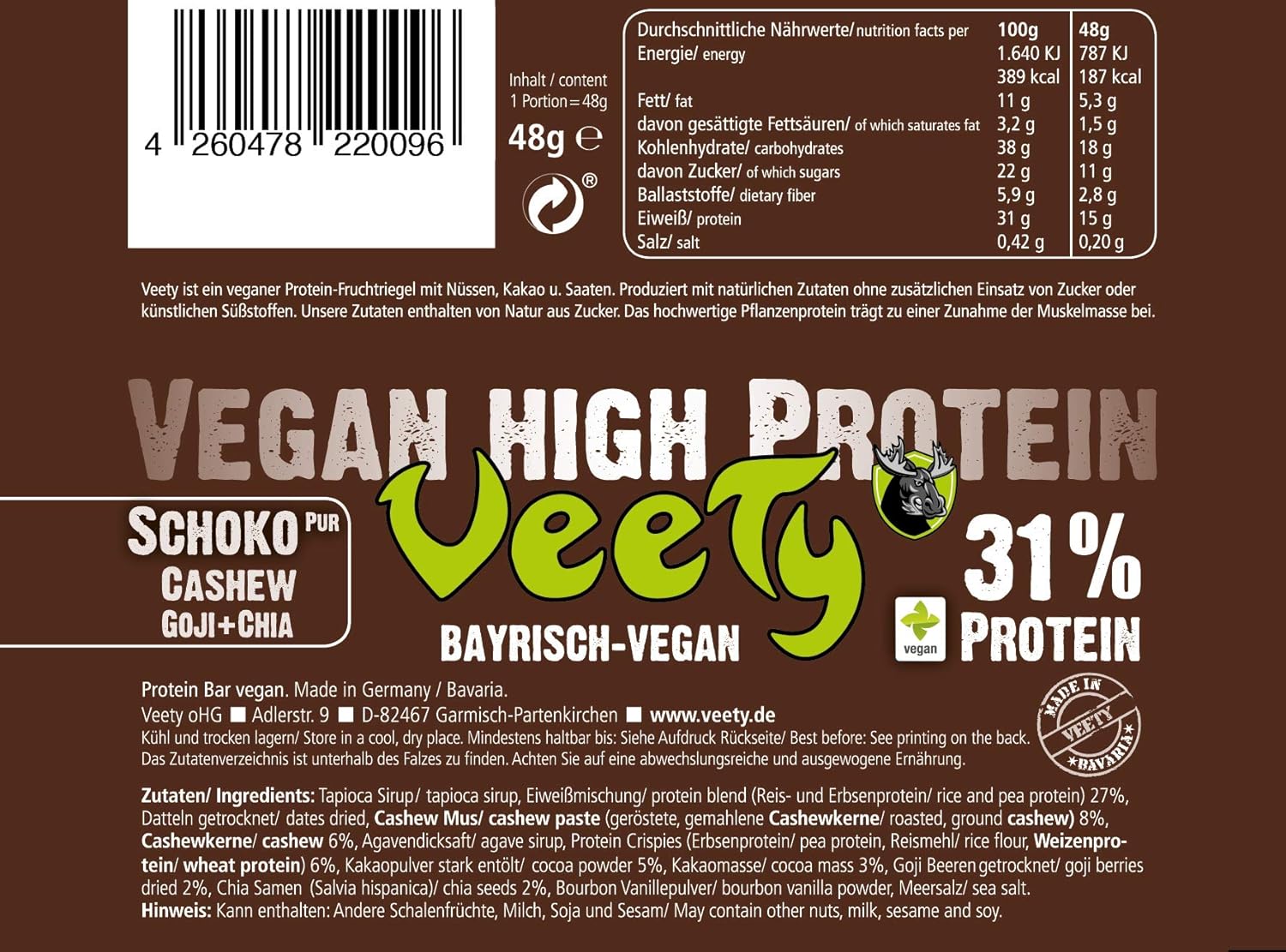 veety - Vegan High proteína Bar 31% Chocolate Pur de ...