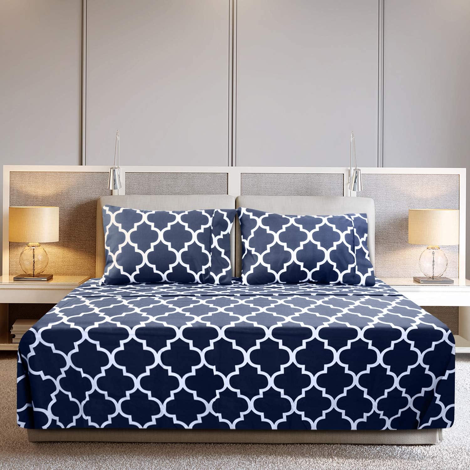 Utopia Bedding Printed Bed Sheet Set - 1 Fitted Sheet, 1 Flat Sheet and 2 Pillowcases - Soft Brushed Microfiber Fabric - Shrinkage and Fade Resistant (Queen, Navy Quatrefoil with White Pattern): Home & Kitchen