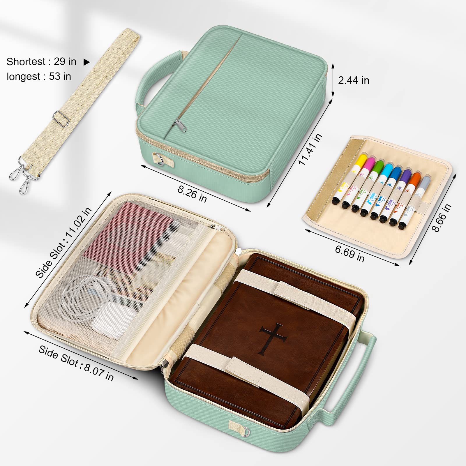 FINPAC Large Bible Cover w/Shoulder Strap, Carrying Book Case Church Bag Bible Protective w/Pen Slots and Zippered Pocket, Gift for Women Lady, Light Green