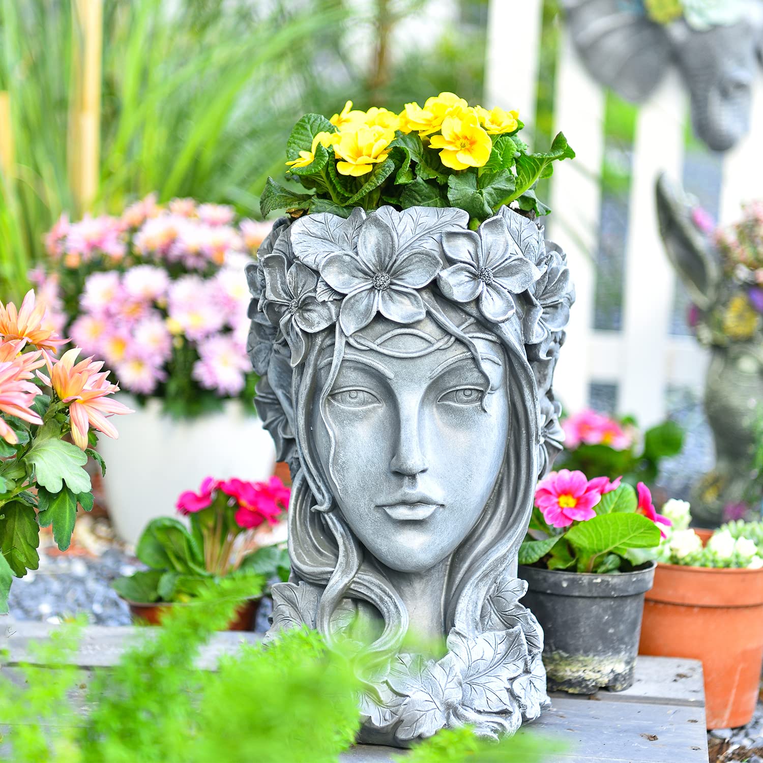 Sungmor Premium Resin Goddess Head Planter - 14”/35CM Tall Large Flower Pot - Beauty Face Figurine Ornament Container - Decorative Plants Artificial Flower Vase - Home Garden Patio Yard Decoration