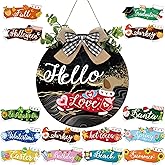 Glenmal 16 Pcs Interchangeable Seasonal Dachshund Welcome Sign Rustic Dog Front Door Wreaths Detachable Holiday Hanging Decor for Spring Easter St. Patrick's Day All Seasons (Black Gold Style)