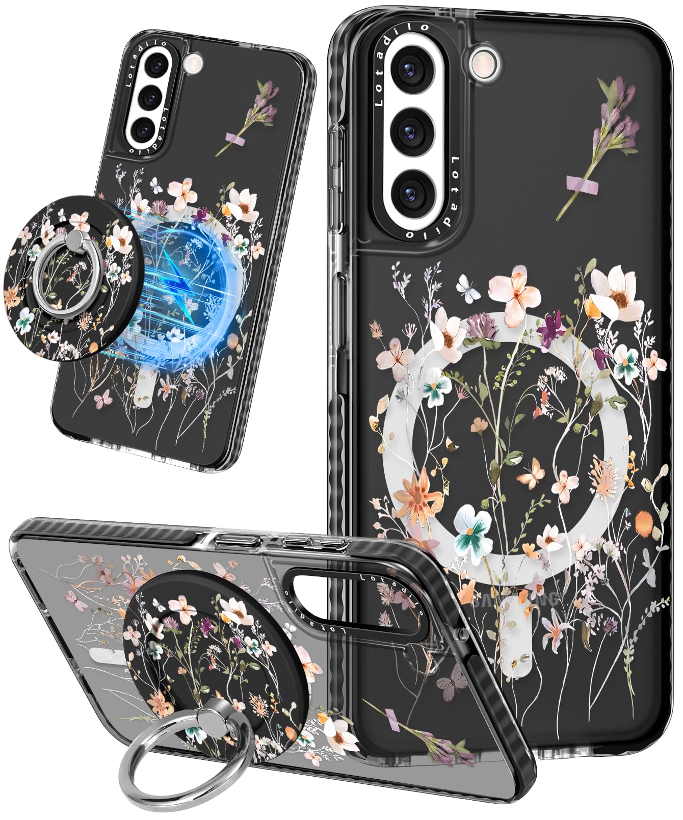 Photo 1 of Lotadilo Cute Case for Samsung Galaxy S22 for Women Girls - Funny Design Compatible with Magsafe Magnetic Ring Holder Kickstand Art Dried Flower Fashion Pattern TPU Phone Covers