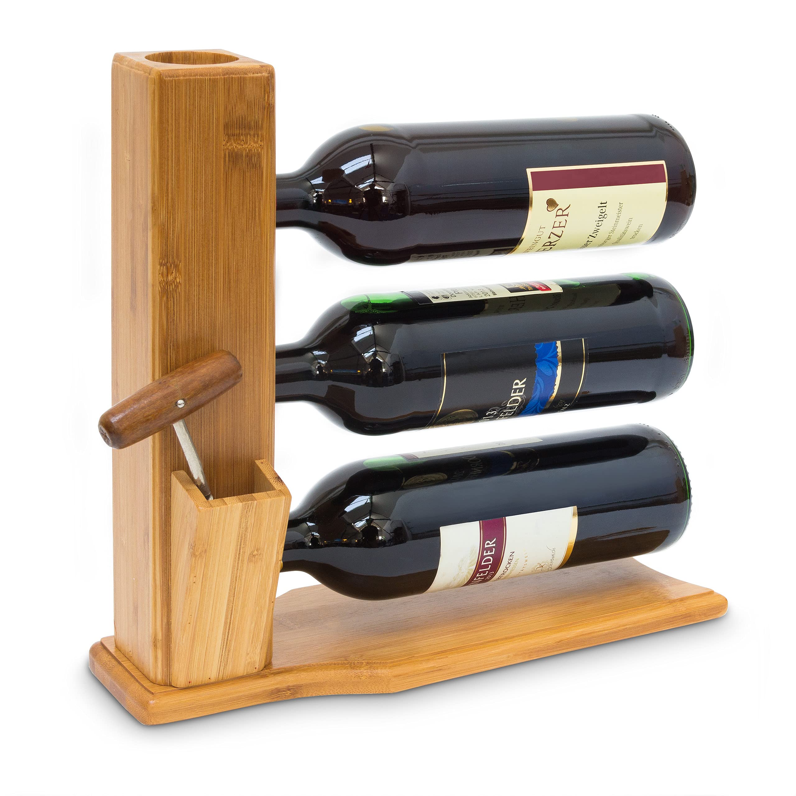 Relaxdays Wine Stand For 3 Bottles: 32 x 12 x 34 cm Wine Shelf Free-Standing Bamboo Bottle Rack With Cork And Bottle Opener Holder Wine Stand, natural