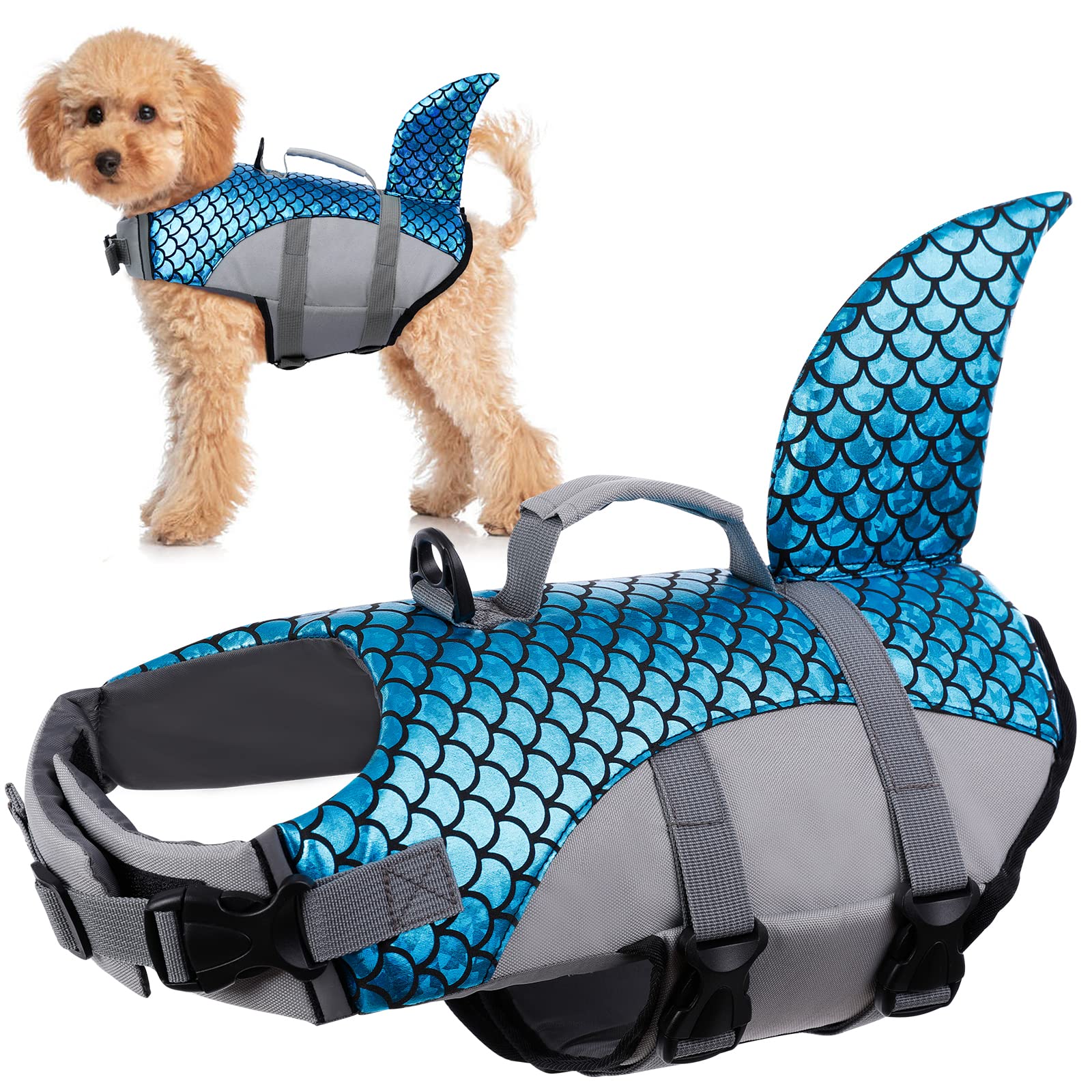 Dog Life Jacket, Lifesaver Floating Vest Shark Shape Dog Summer Swimming Safety Vest with Adjustable Strap and Rescue Handle for Swimming Pool Beach Boating(Blue, S)