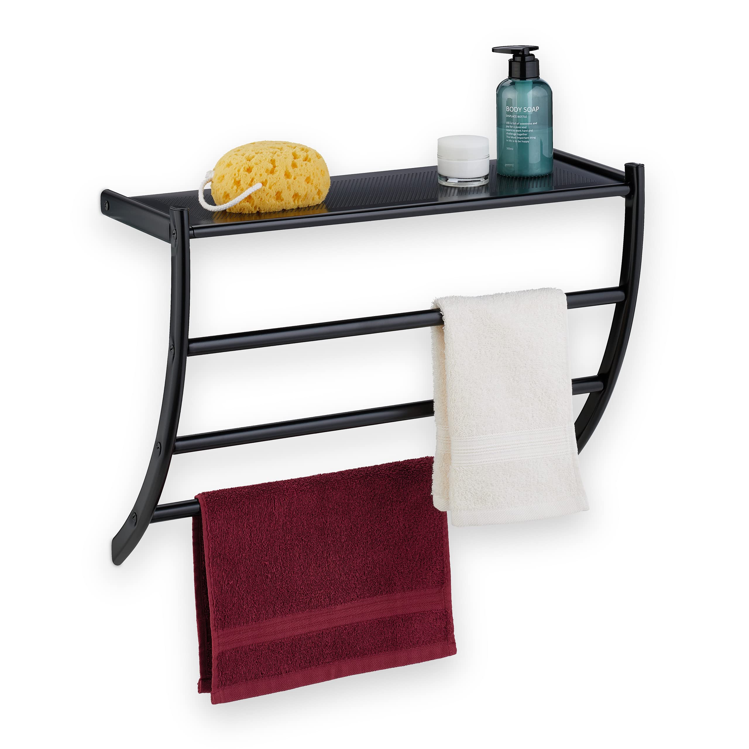 Relaxdays Towel Rack, 3 Rails, H x W x D: 44 x 56.5 x 23 cm, Wall Towel Holder, Steel, Black