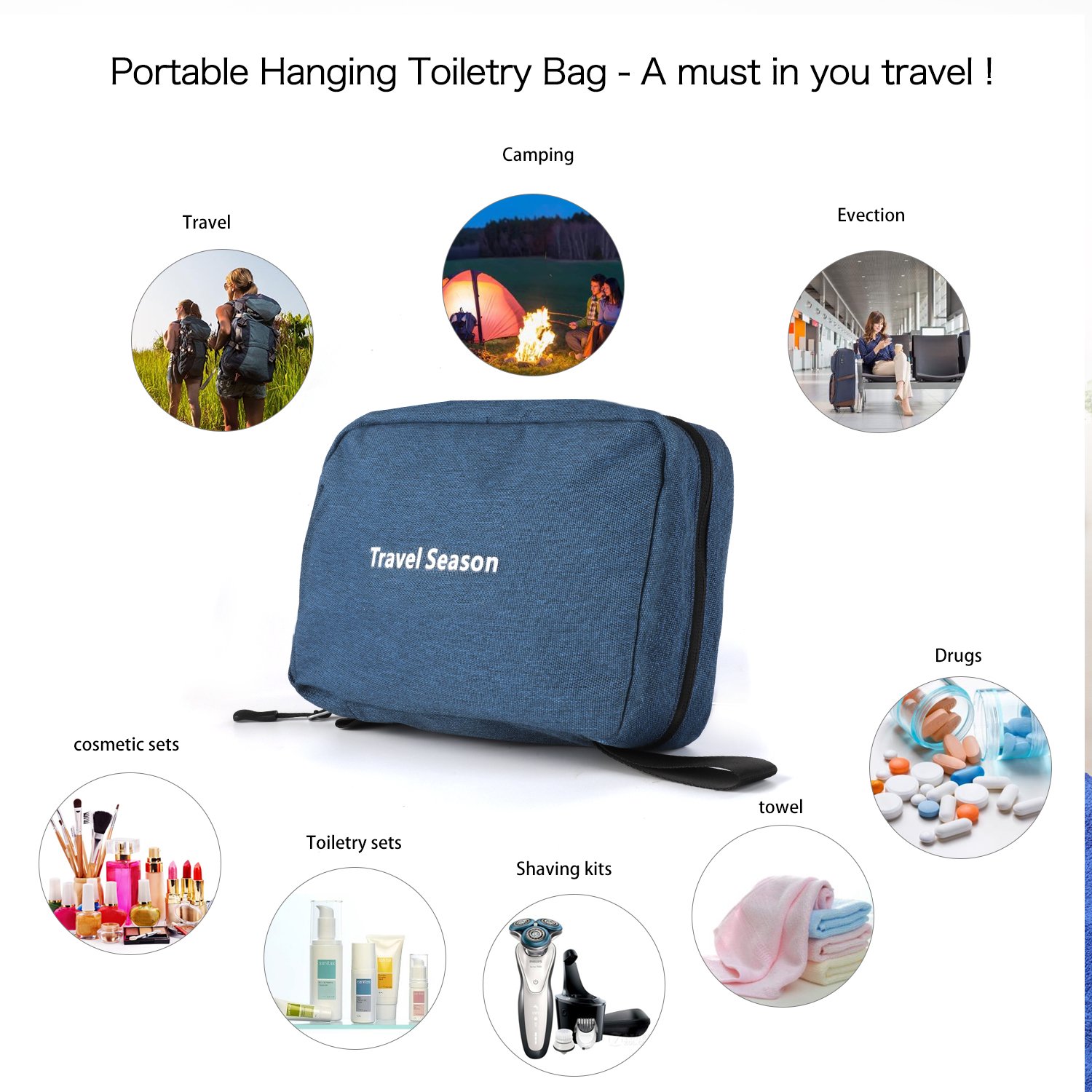 Vivefox Hanging Toiletry Bag Travel Kit Bathroom Bag Cosmetic Makeup Organizer Shaving Kit for Men & Women (3-Layer, Navy blue)