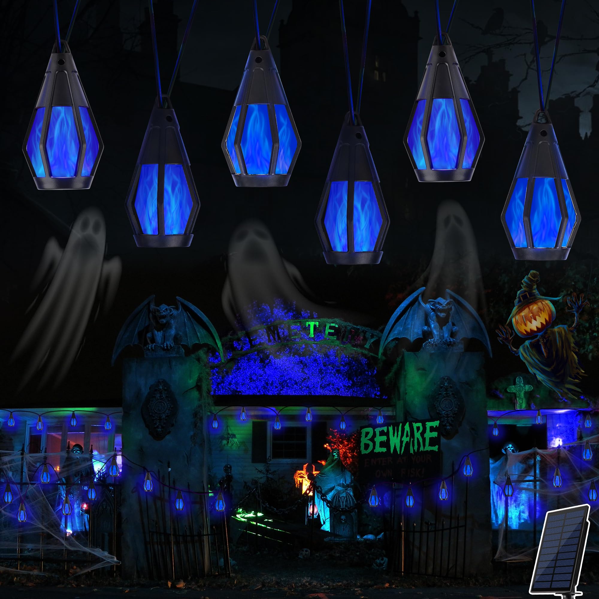 Solar String Lights for Outside, 33Ft Solar Patio Lights with 15 Flickering Flame Light Bulbs, Waterproof Blue Solar Powered Outdoor Light for Garden Yard Patio Gazebo Bistro Cafe Porch Party Decor Image