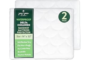 Joey + Joan Waterproof Bassinet Mattress Pad Cover Compatible with Delta Children Bassinet – 2 Pack Quilted Mattress Protector Made from Ultra Soft Bamboo Viscose Terry – 16" x 32"