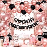 Rose Gold Black Birthday Decorations - Happy Banner, Confetti Balloons, Fringe Curtain, Heart Star Foil Balloons, Hanging Swirls for Women Girls Princess Party