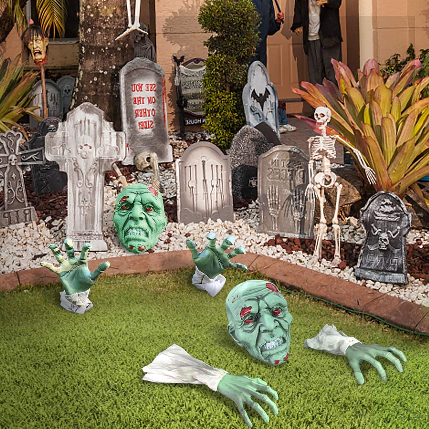 Halloween Decorations - Halloween Realistic Zombie Face and Arms Lawn Stakes - Plastic Green Skeleton Bone Head and Hands Garden Yard Stakes for Haunted House Graveyard, Cemetery, Coffin Party: Garden & Outdoor