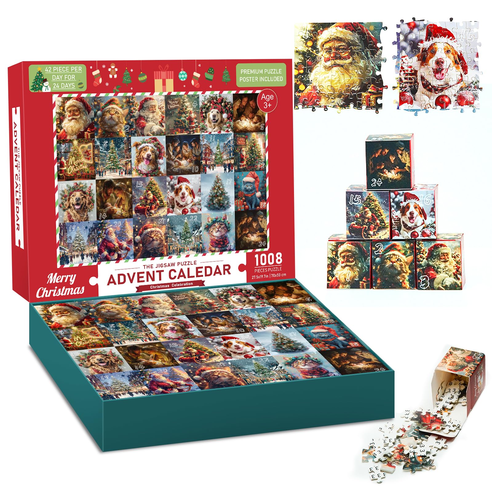 Advent Calendar 2024 Christmas Jigsaw Puzzles, 24 Boxs 1008 Pieces Puzzles for Boys Girls Countdown to Christmas Gifts