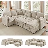 Arcrinte 7 Seater 112'' Sectional Sleeper Sofa with Storage, Chenille Camel | Instant Use, Pull Out Bed, 4 Pillows, U Shaped Modular Sectional Sofa with Chaise, Cloud Couches for Living Room, Apartment