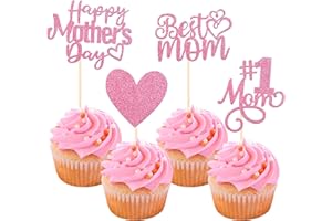 YCTHUNFISH 24 Pack Happy Mother's Day Cupcake Toppers Glitter Number 1 Mom Love Heart Cupcake Picks Best Mom Cake Decorations for Women Birthday Happy Mother's Day Theme Party Supplies Pink